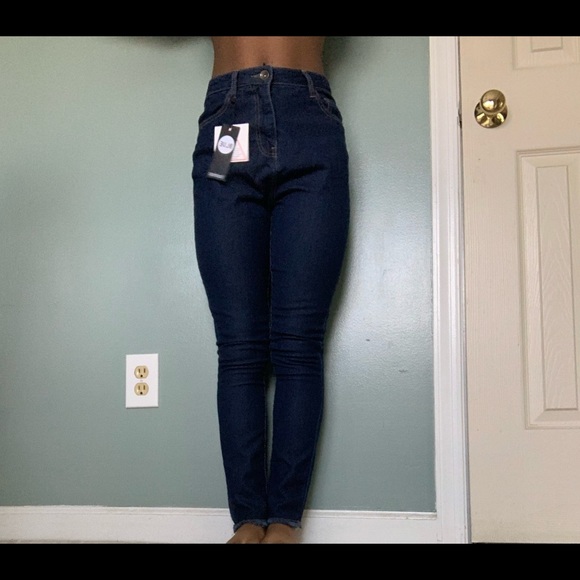 Boohoo Dark Blue High Waist Frayed Hem Skinny Jean - Picture 5 of 5